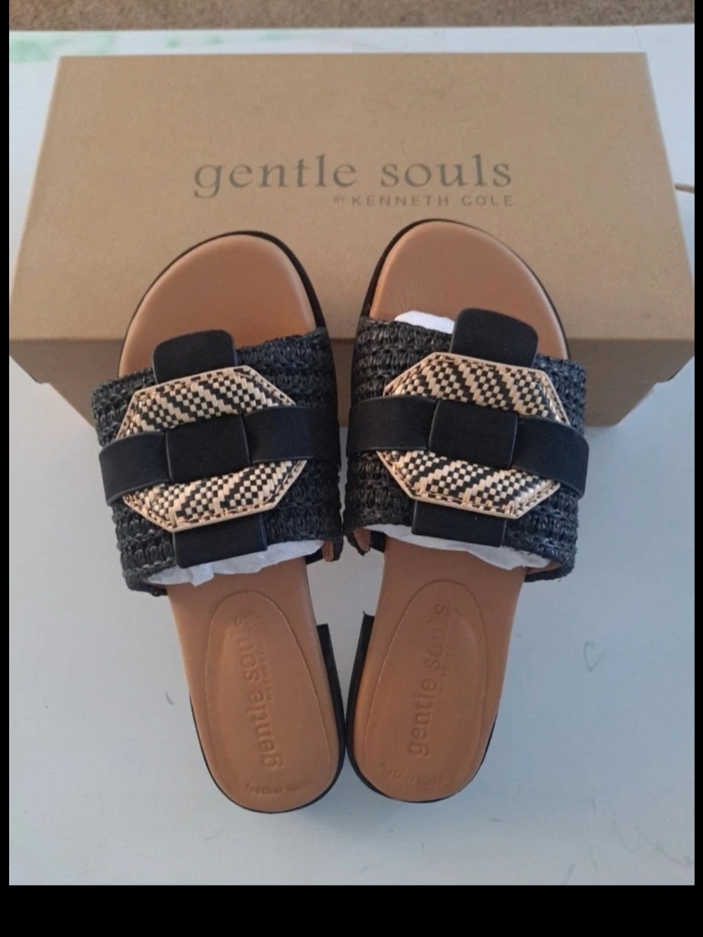 Gentle Souls By Kenneth Cole Black and Tan Woven Slide Mules